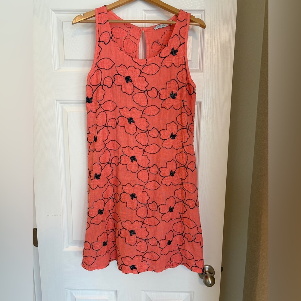 Vasna Italy Beaded Sleeveless Dress Size Small Coral Linen Embroidered Floral T4